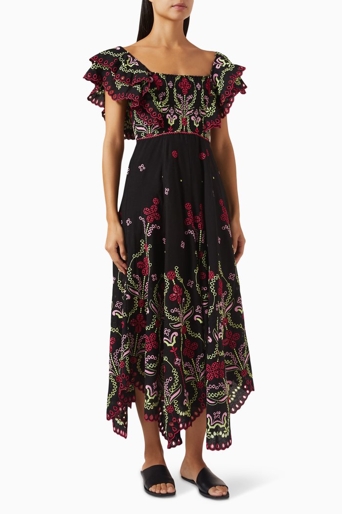 

Sheen Ruffled Embroidered Maxi Dress, Black