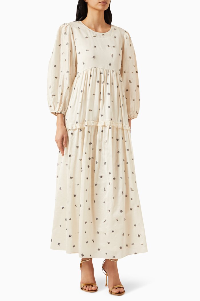 

Embroidered Tiered Maxi Dress in Silk, White