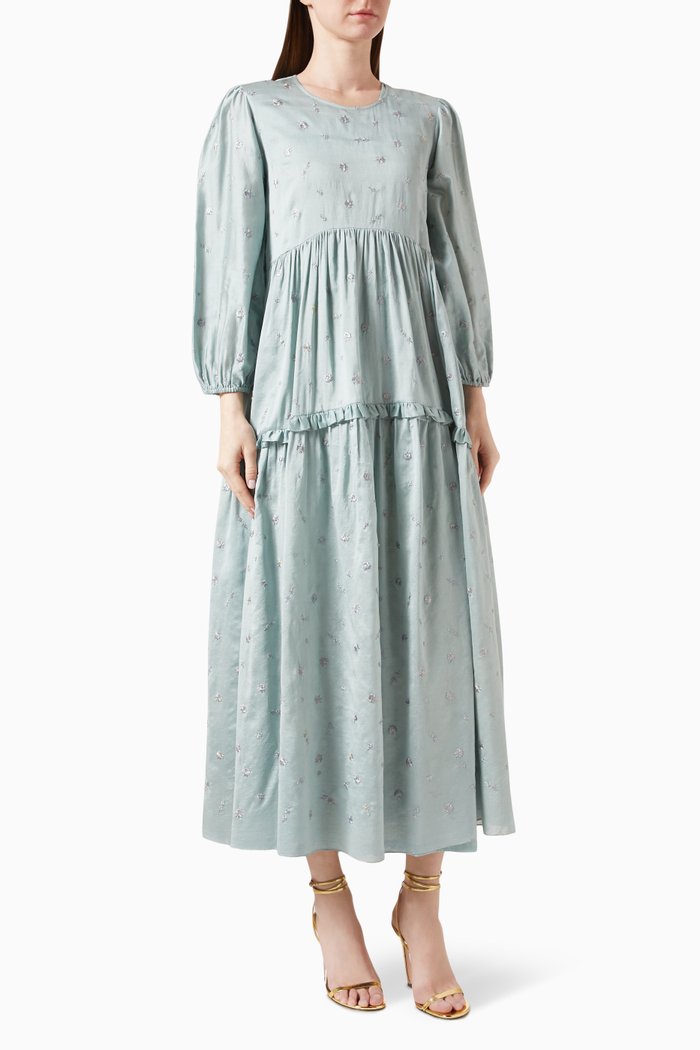 

Embroidered Tiered Maxi Dress in Silk, Blue