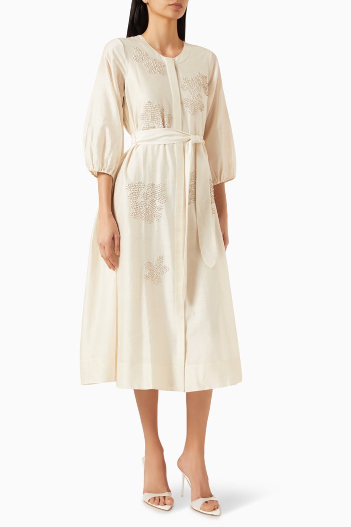 

Flower Embroidery Midi Dress, White