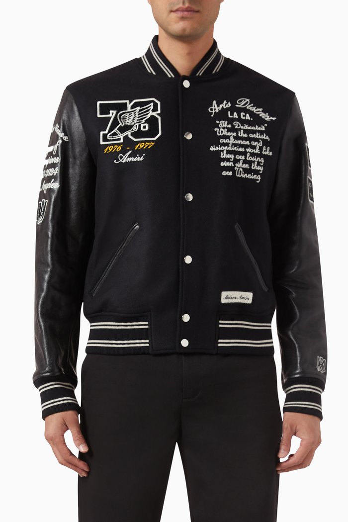 

Oversized Eagle Varsity Jacket in Wool-melton & Leather, Black
