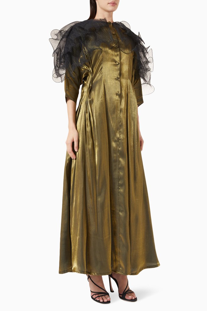 

Layered Ruffle Maxi Dress in Shiny Crepe, Gold