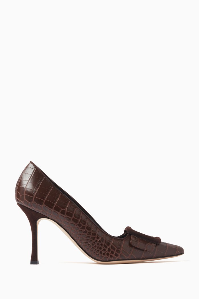 Maysale 90 Buckle Pumps in Croc-embossed Leather, Brown