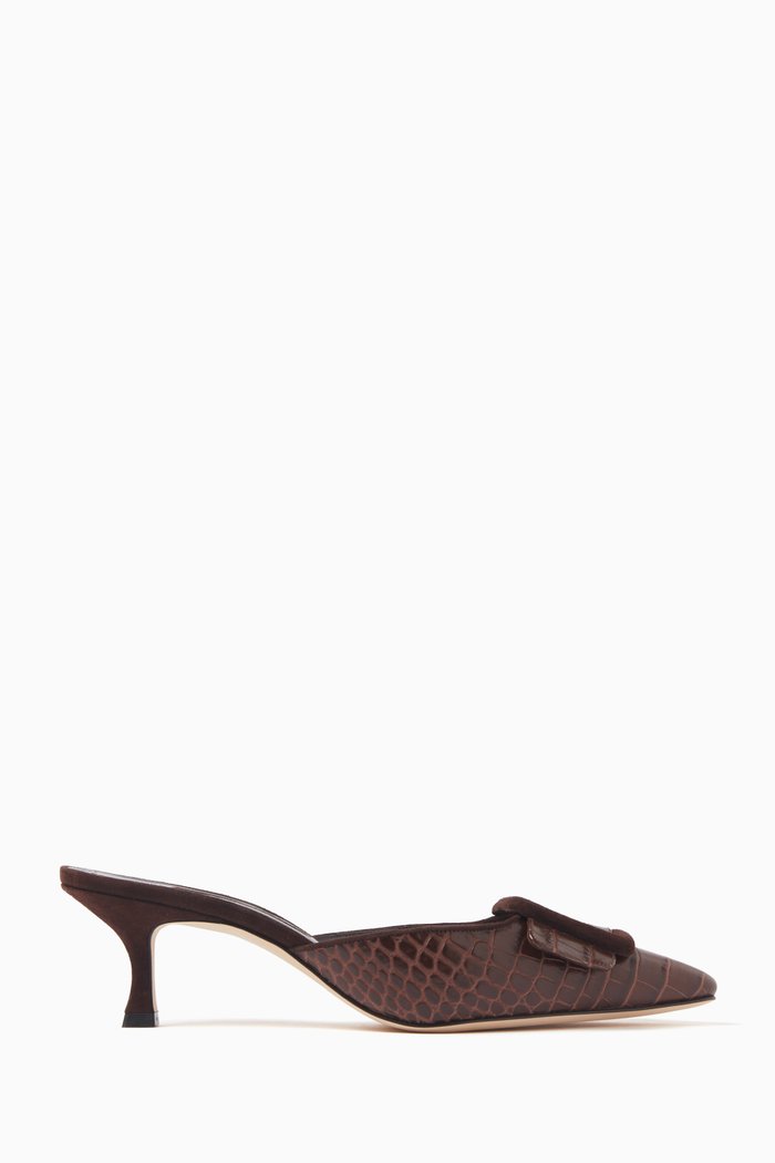 Maysalebi 50 Buckle Mules in Croc-embossed Leather, Brown