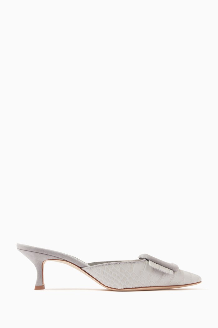 

Maysalebi 50 Buckle Mules in Croc-embossed Leather, Grey