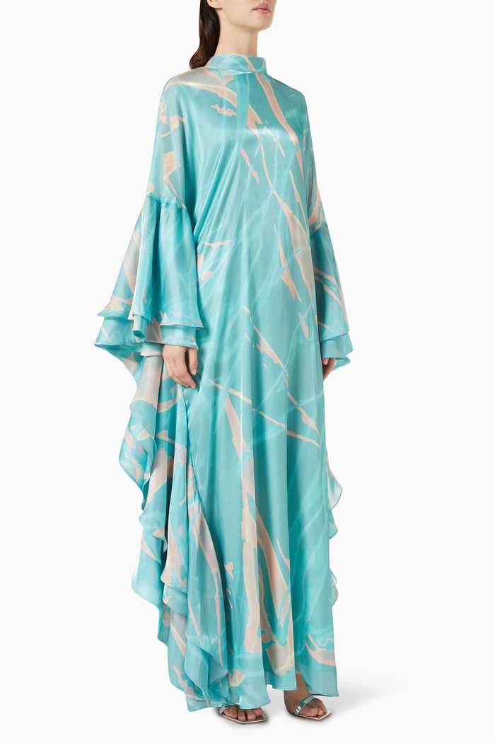 

Printed Kaftan in Shiny Organza, Blue