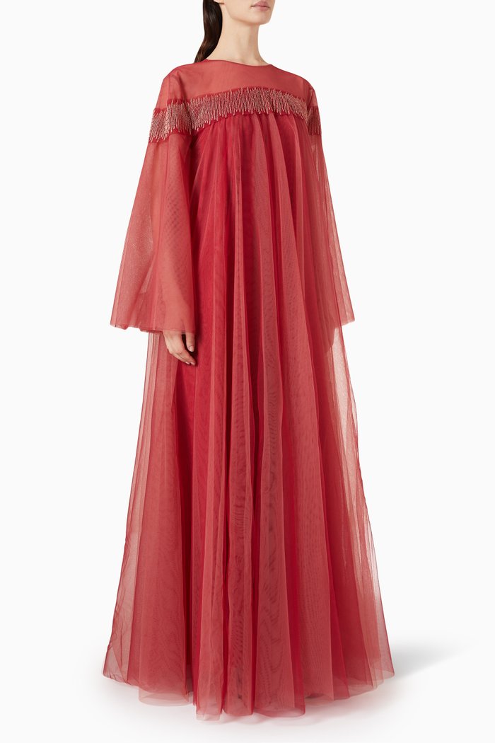 

Multi-layer Embroidered Kaftan in Tulle, Red