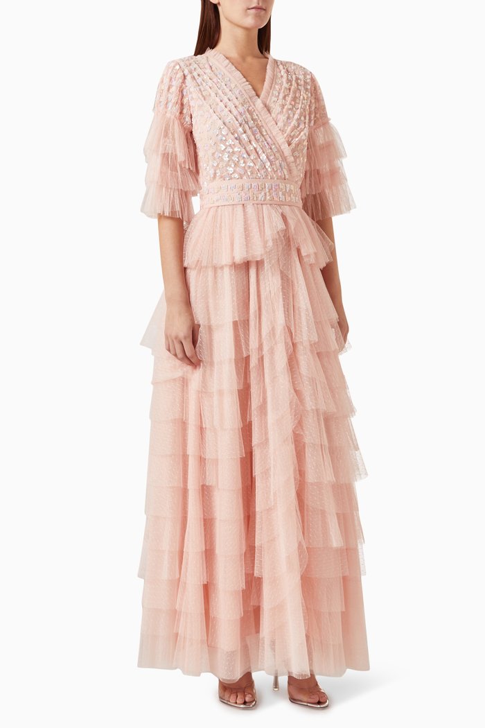 

Ruffled Embellished Maxi Dress in Tulle, Pink