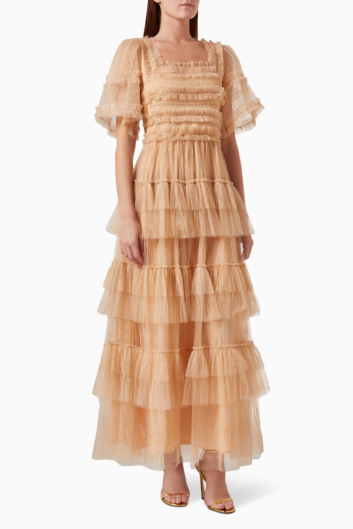 

Tiered Maxi Dress in Tulle, Gold