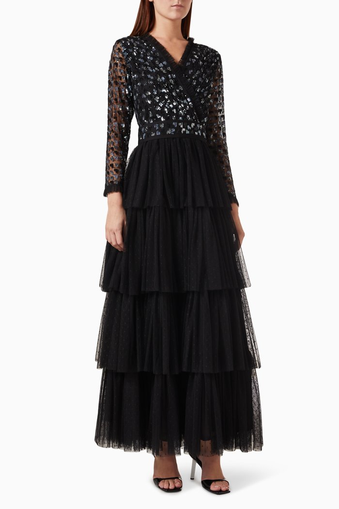 

Embellished Maxi Dress in Tulle, Black
