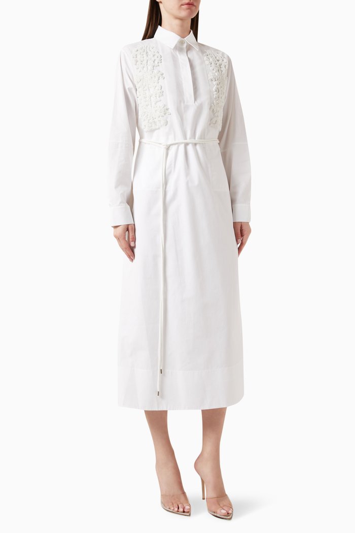 

Embroidered Belted Dress in Cotton, White