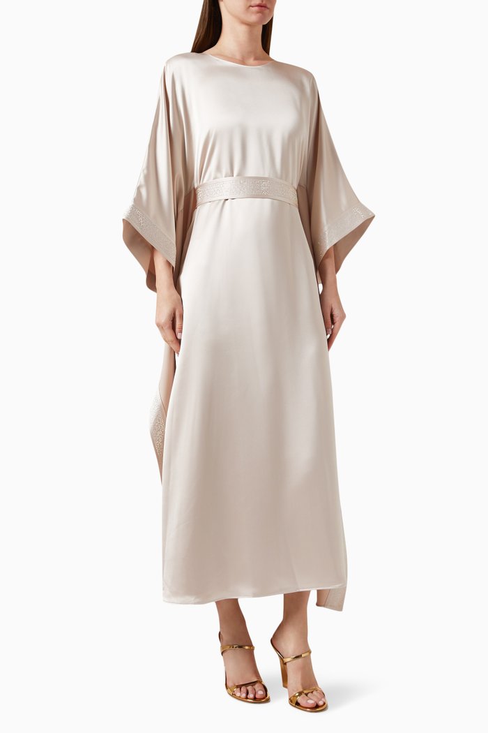 

Belted Kaftan-style Dress in Satin, Neutral