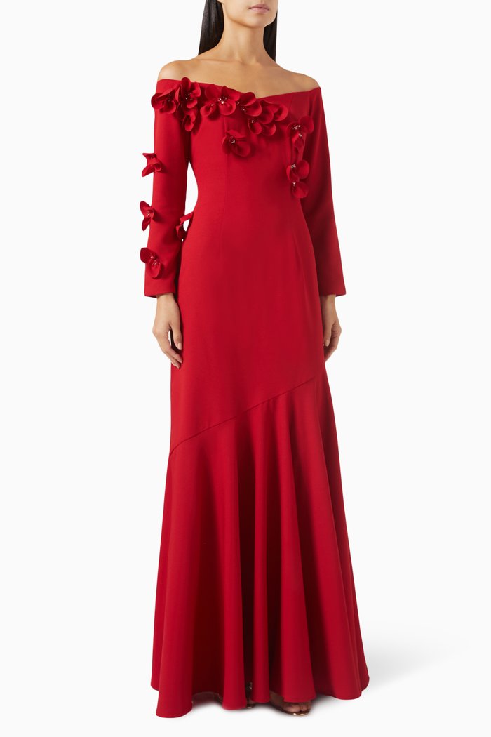 

Embellished Off-shoulder Dress, Red