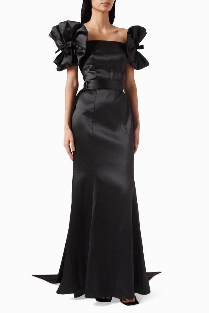 Off-shoulder Ruffled Gown, Black