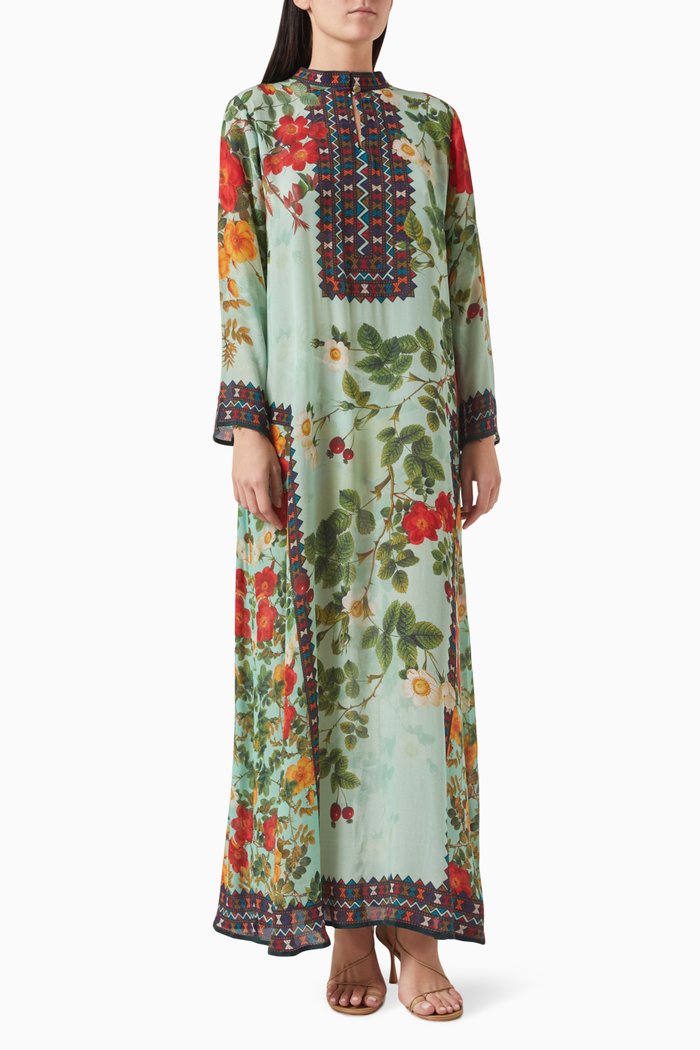 Printed Kaftan in Crepe, Green