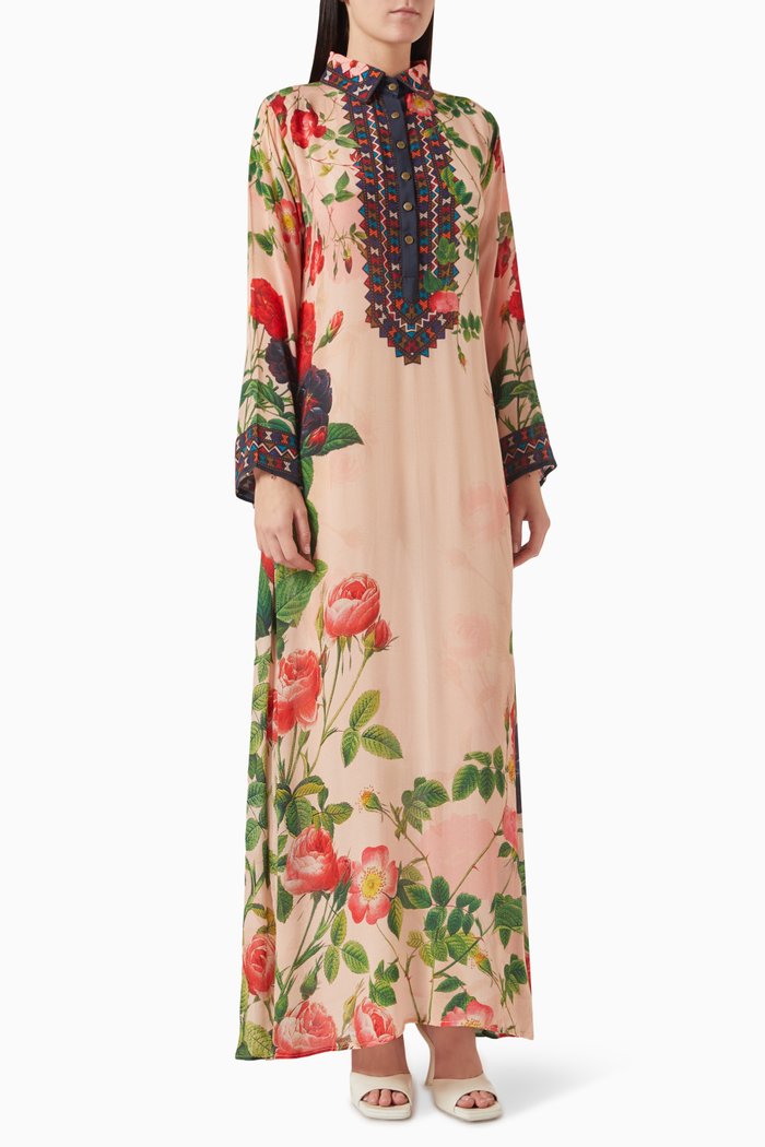 Printed Kaftan in Crepe, Pink