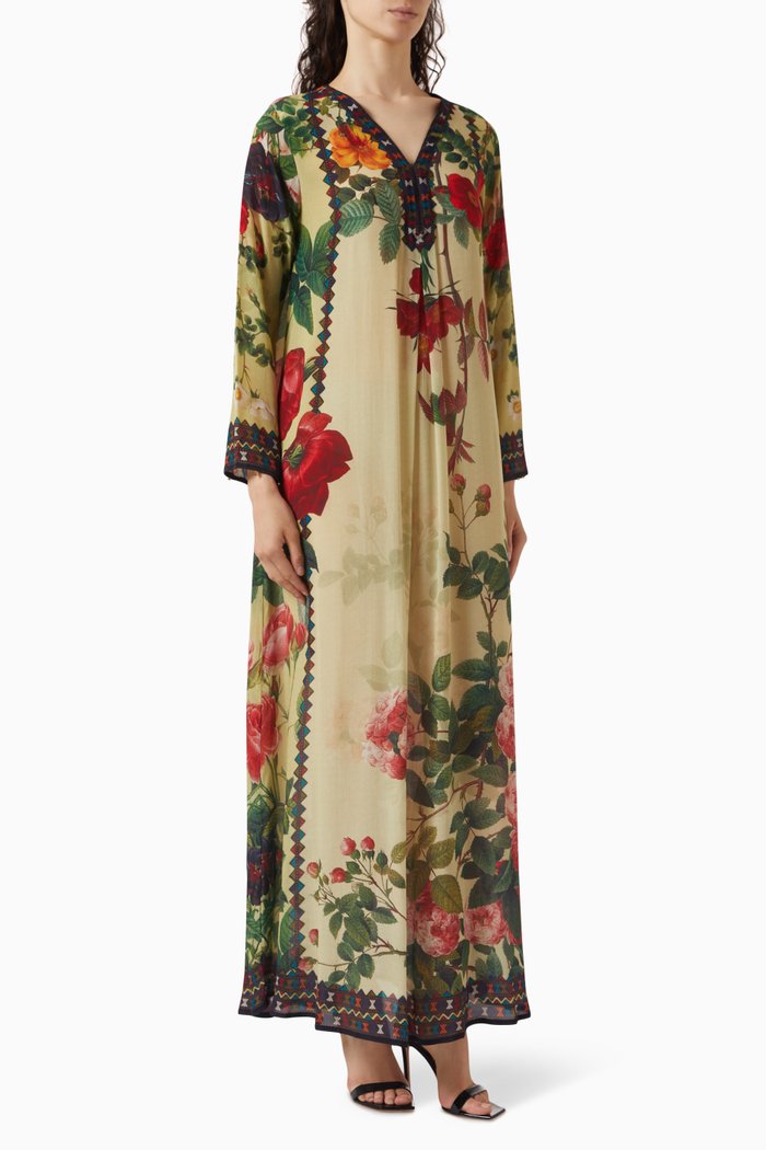 Printed Kaftan in Crepe, Yellow