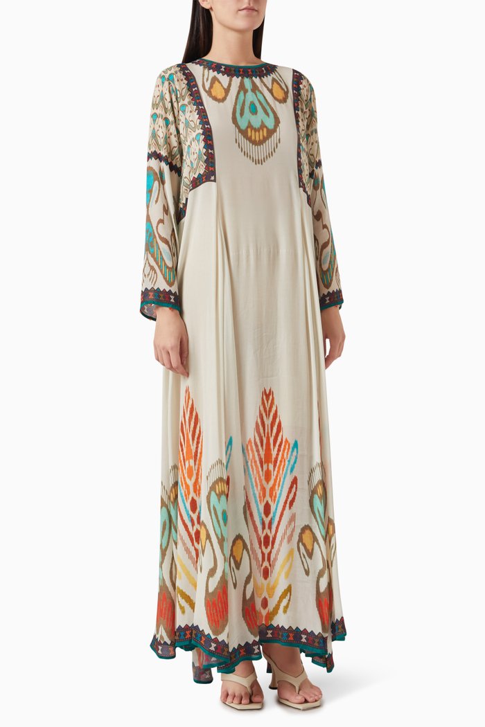 

Asymmetrical Printed Kaftan in Crepe, Neutral