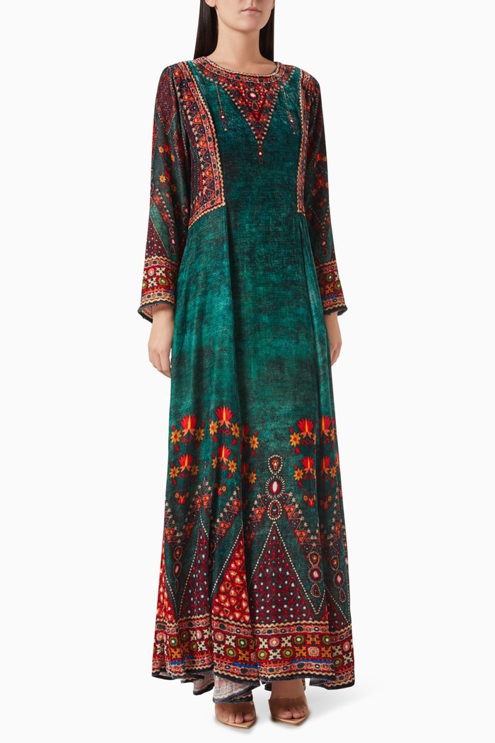

Printed Kaftan in Silk Velvet, Green