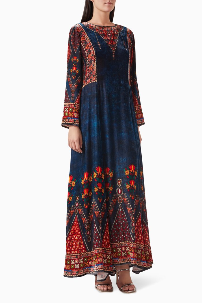 

Printed Kaftan in Silk Velvet, Blue