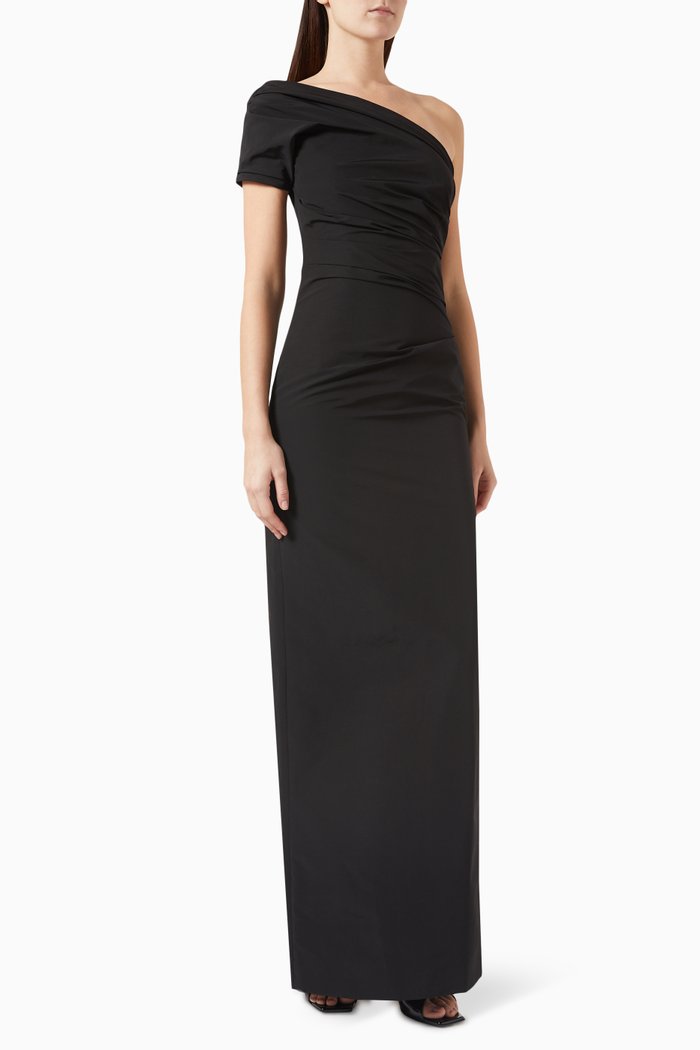 Reatta One-Shoulder Gown in Crepe, Black
