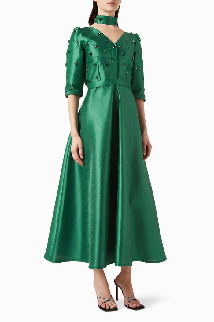 

Clipped Crystal Embellished Gown in Metallic Taffeta, Green