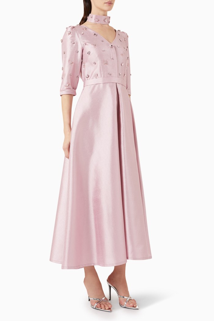 

Clipped Crystal Embellished Gown in Metallic Taffeta, Pink