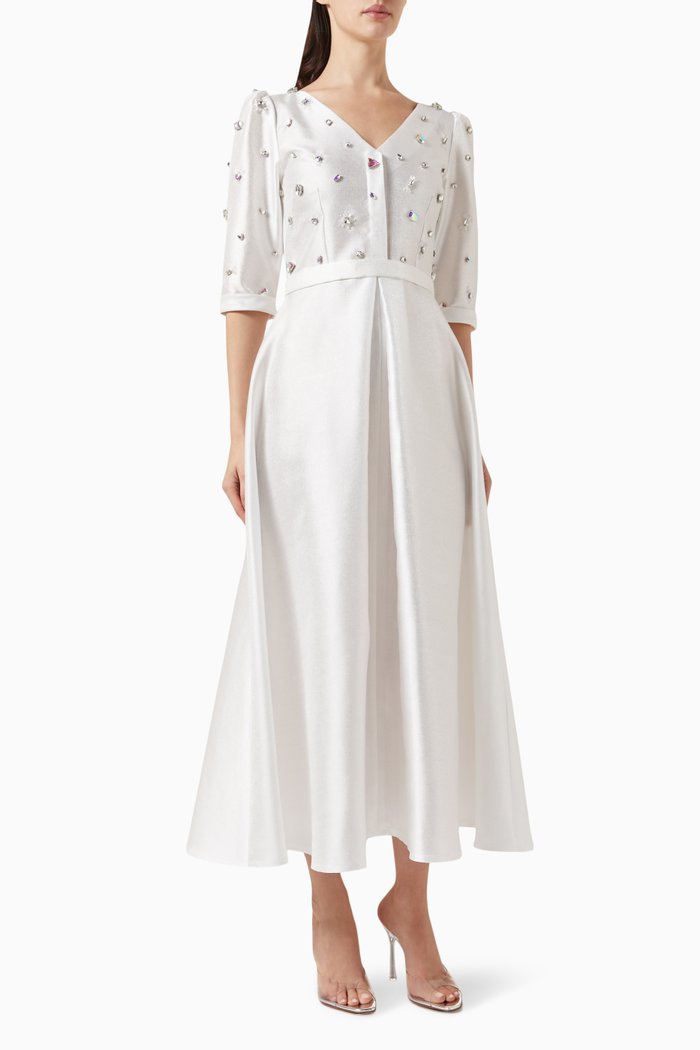 

Clipped Crystal Embellished Gown in Metallic Taffeta, White
