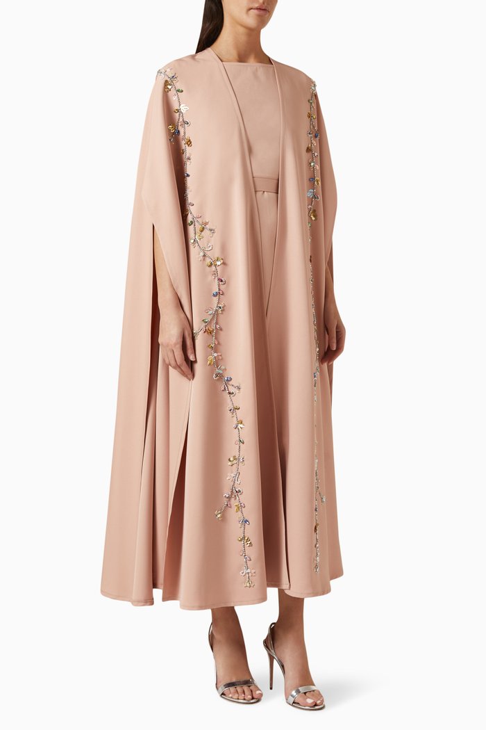 

Floral Embroidered Cape and Inner Slip Dress in Crêpe, Pink