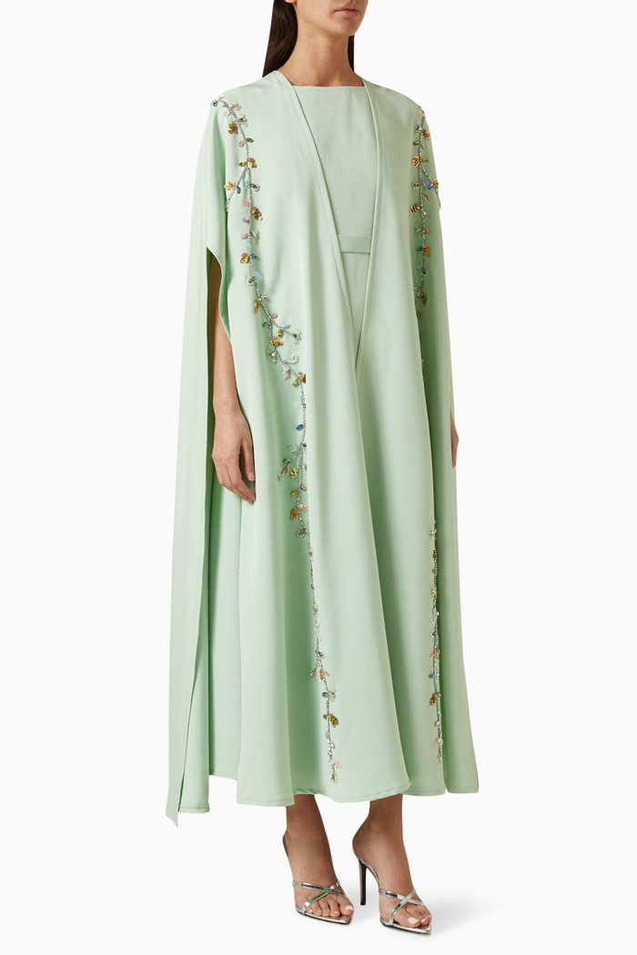 

Floral Embroidered Cape and Inner Slip Dress in Crêpe, Green