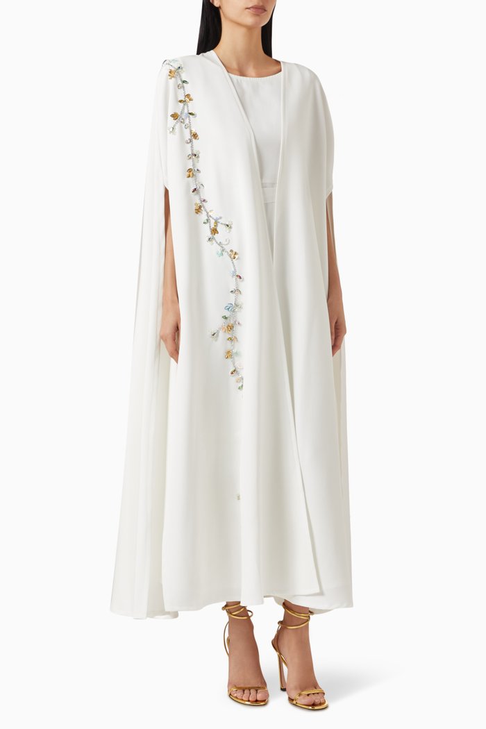 

Floral Embroidered Cape & Dress Set in Crêpe, White