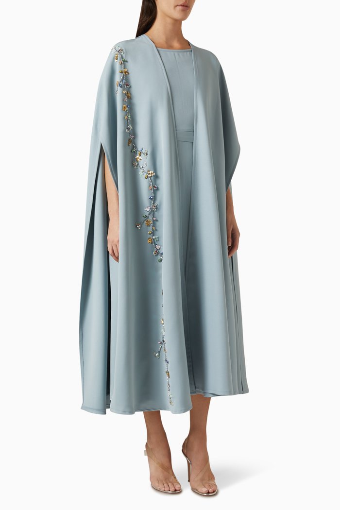 

Floral Embroidered Cape and Inner Slip Dress in Crêpe, Grey