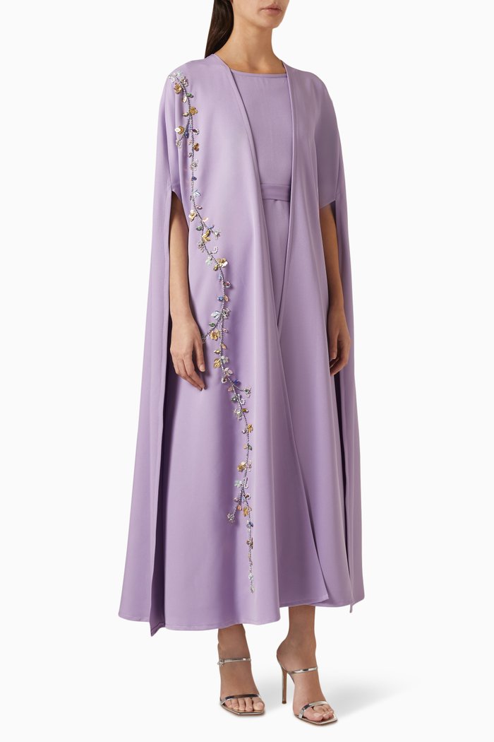 

Floral Embroidered Cape and Inner Slip Dress in Crêpe, Purple