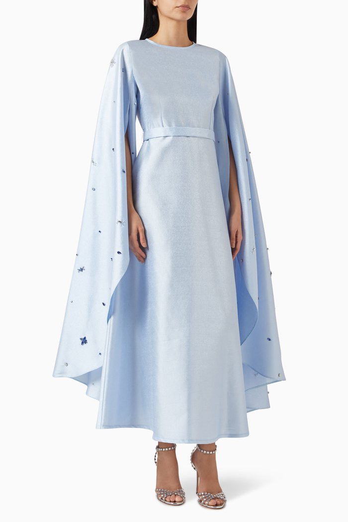 

Embroidered Cape Sleeve Maxi Dress in Metallic Taffeta, Blue