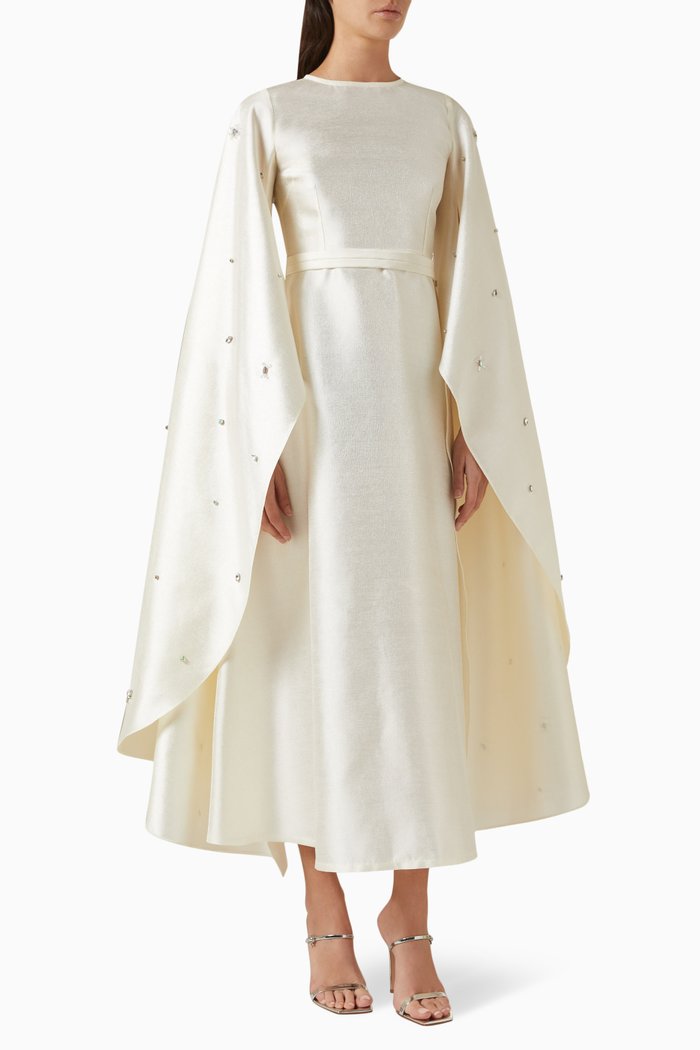 

Embroidered Cape Sleeve Maxi Dress in Metallic Taffeta, Neutral