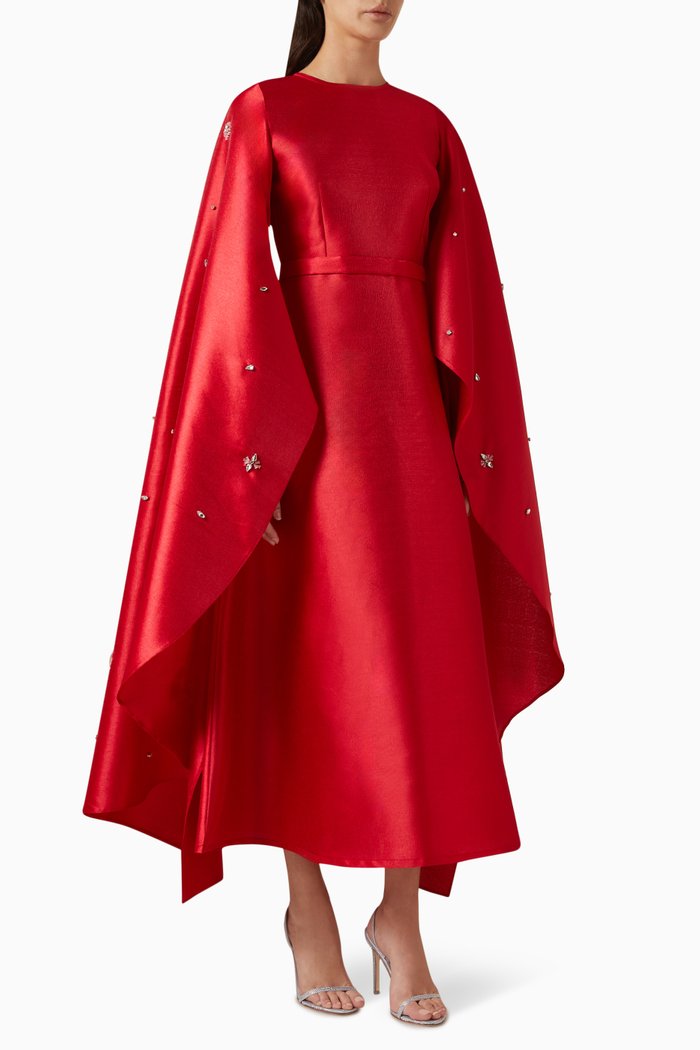 

Embroidered Cape Sleeve Maxi Dress in Metallic Taffeta, Red