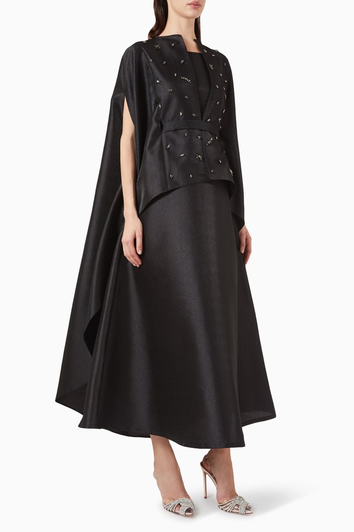 

Embellished Crystal Cape & Jumpsuit Set in Metallic Taffeta, Black