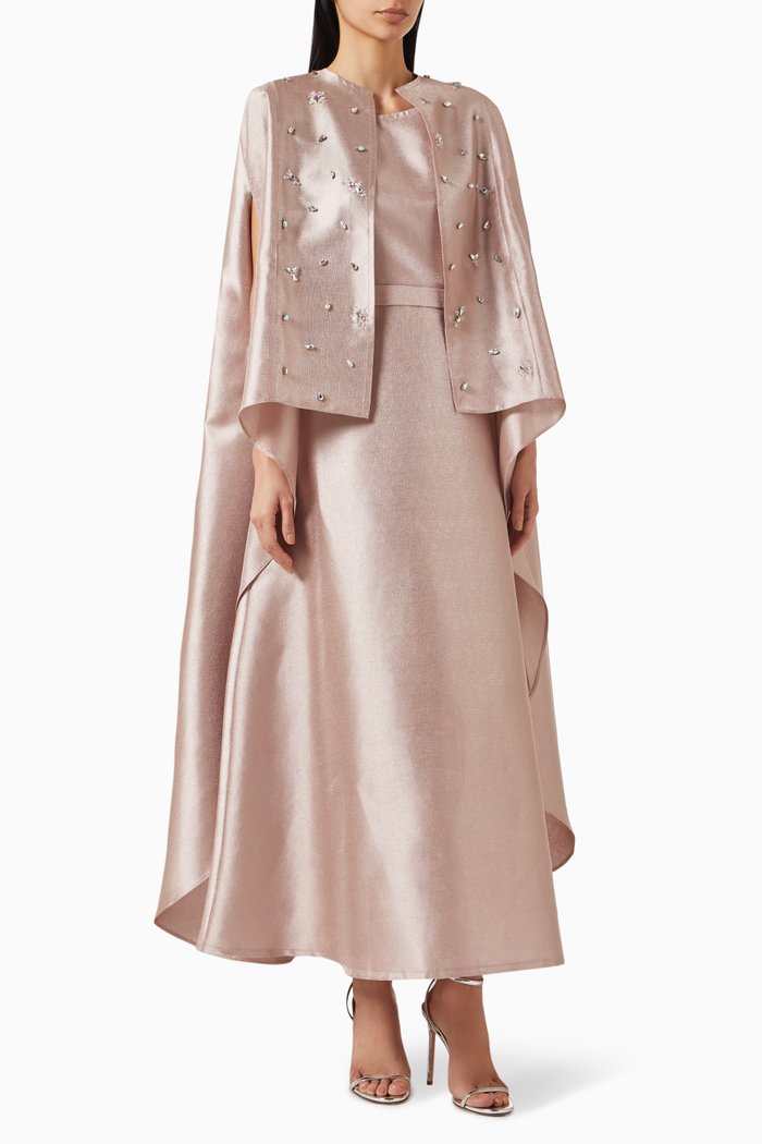 

Embellished Crystal Cape & Jumpsuit Set in Metallic Taffeta, Pink