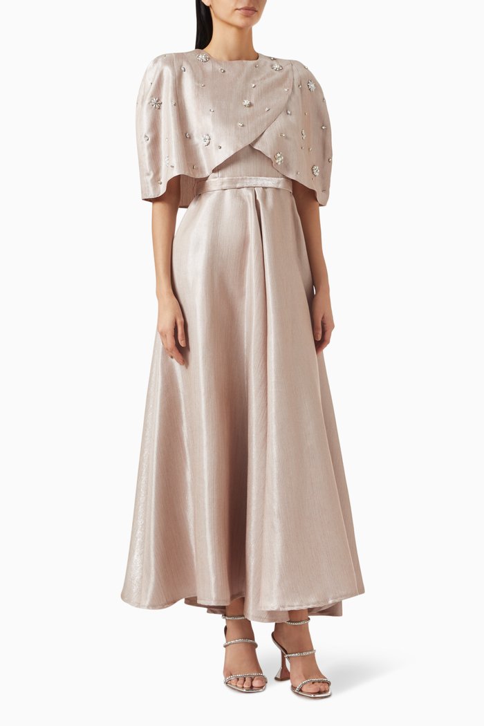 

Crystal-embellished Dress & Cape Set in Brocade, Neutral
