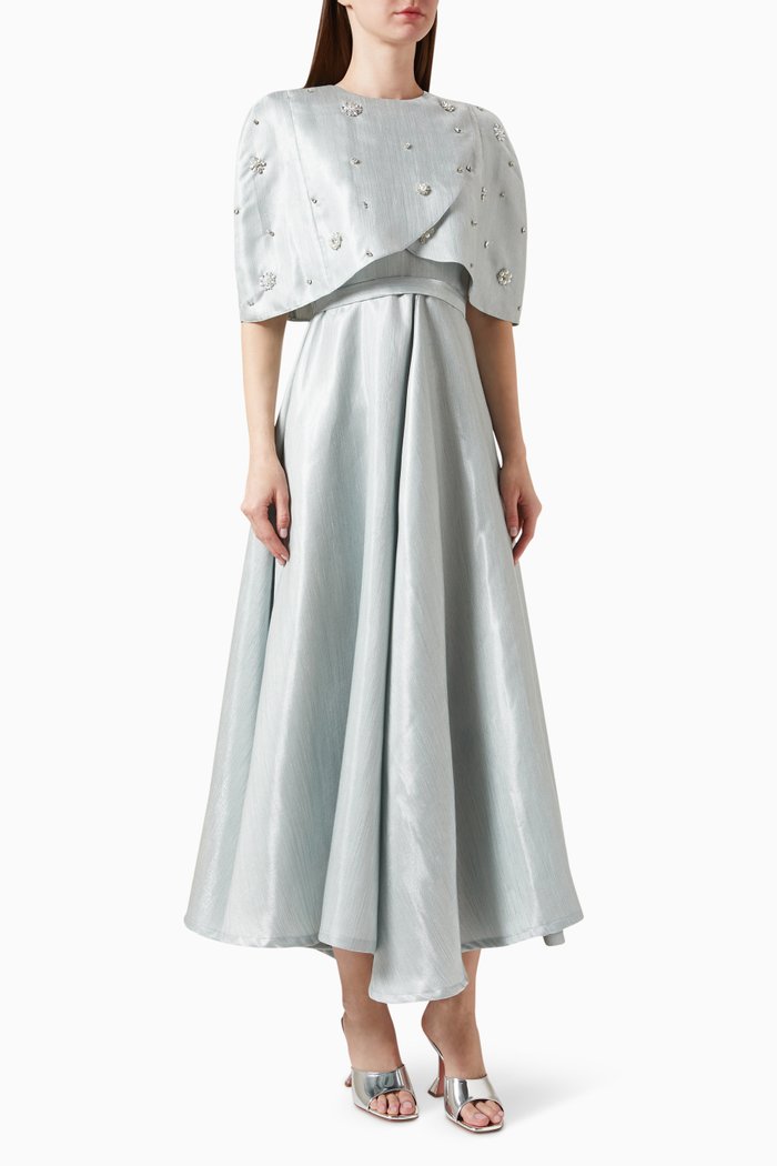 

Crystal-embellished Dress & Cape Set in Brocade, Green