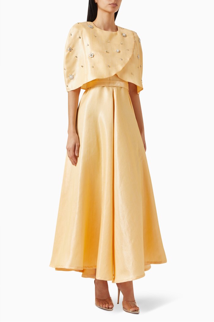 Crystal-embellished Dress & Cape Set in Brocade, Yellow