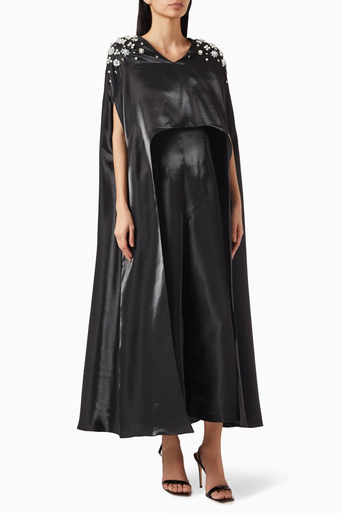 Embellished Shoulder Cape & Jumpsuit, Black