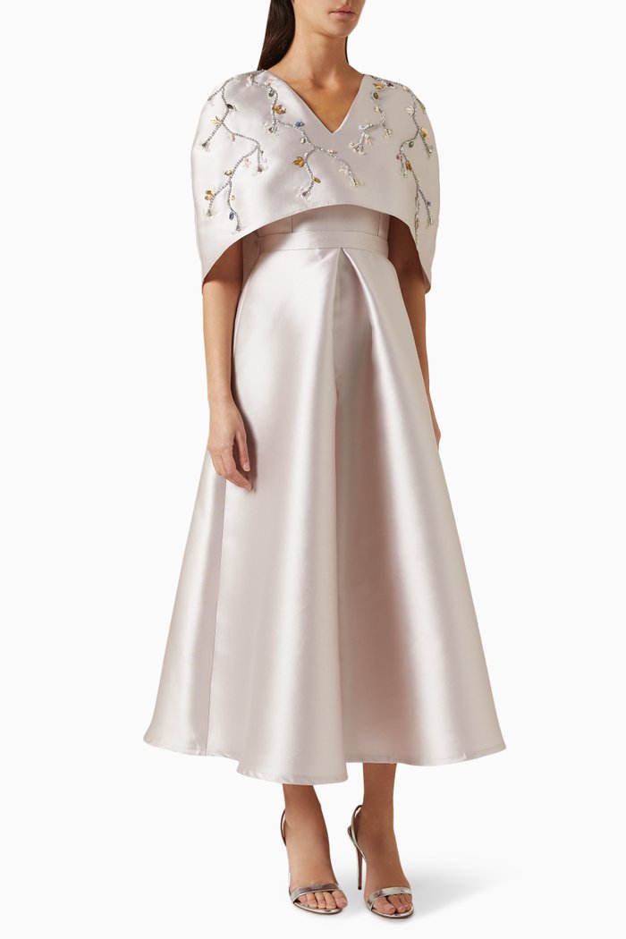 

Floral Embellished Cape & Dress Set in Taffeta, Neutral