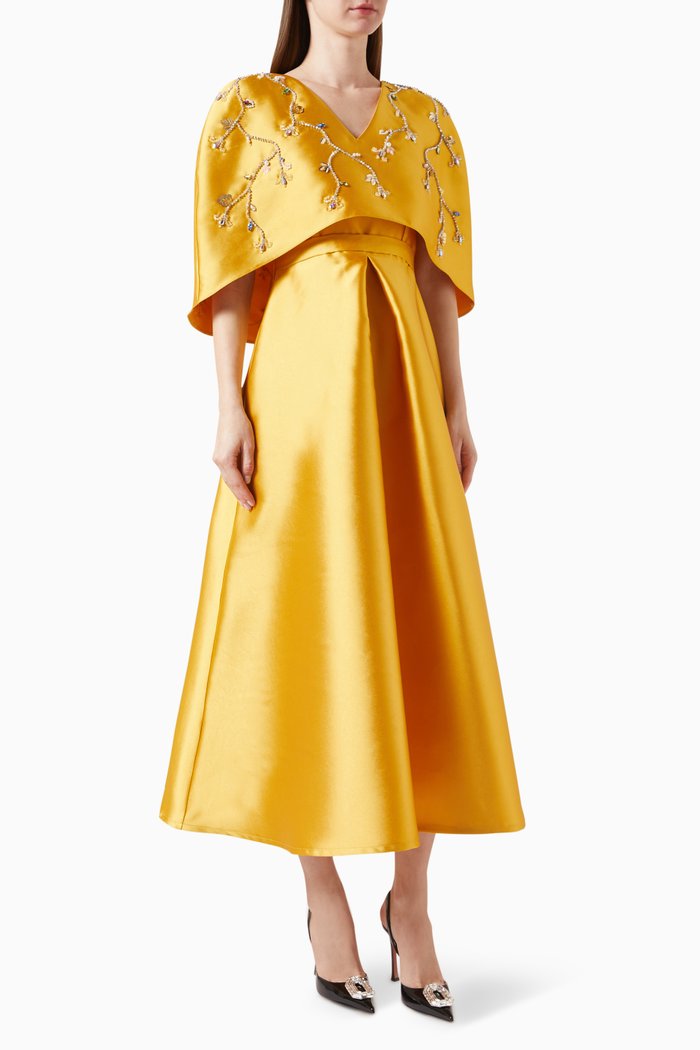 Floral Embellished Cape & Dress Set in Taffeta, Yellow