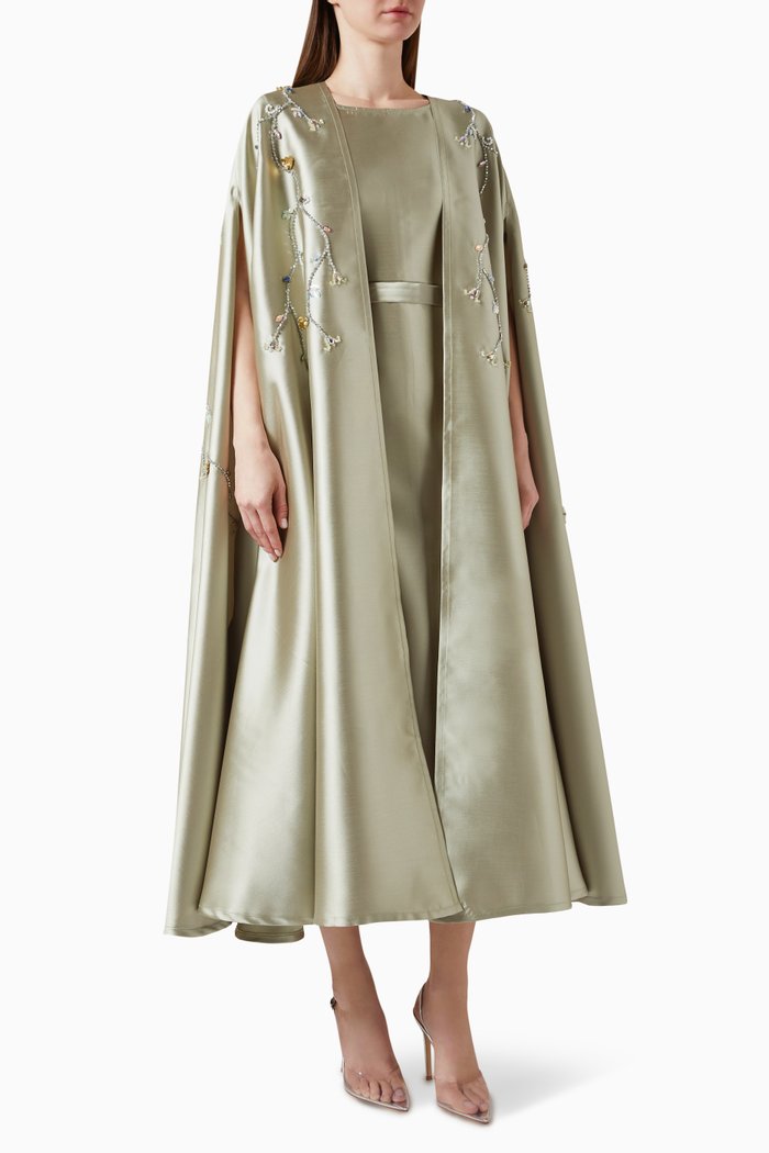 

Floral Embellished Cape & Dress Set in Taffeta, Green