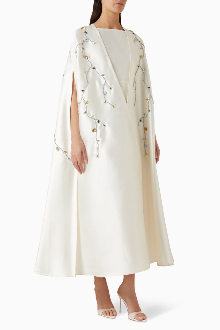 

Floral Embellished Cape & Dress Set in Taffeta, Neutral