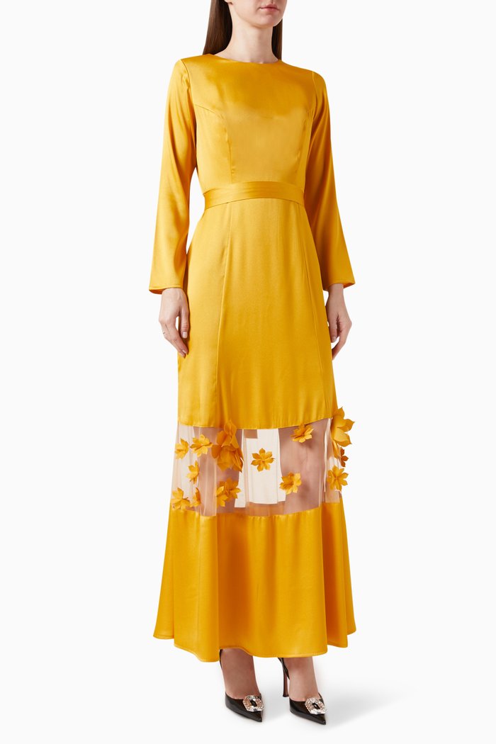 

Floral-embroidered Maxi Dress in Satin, Yellow