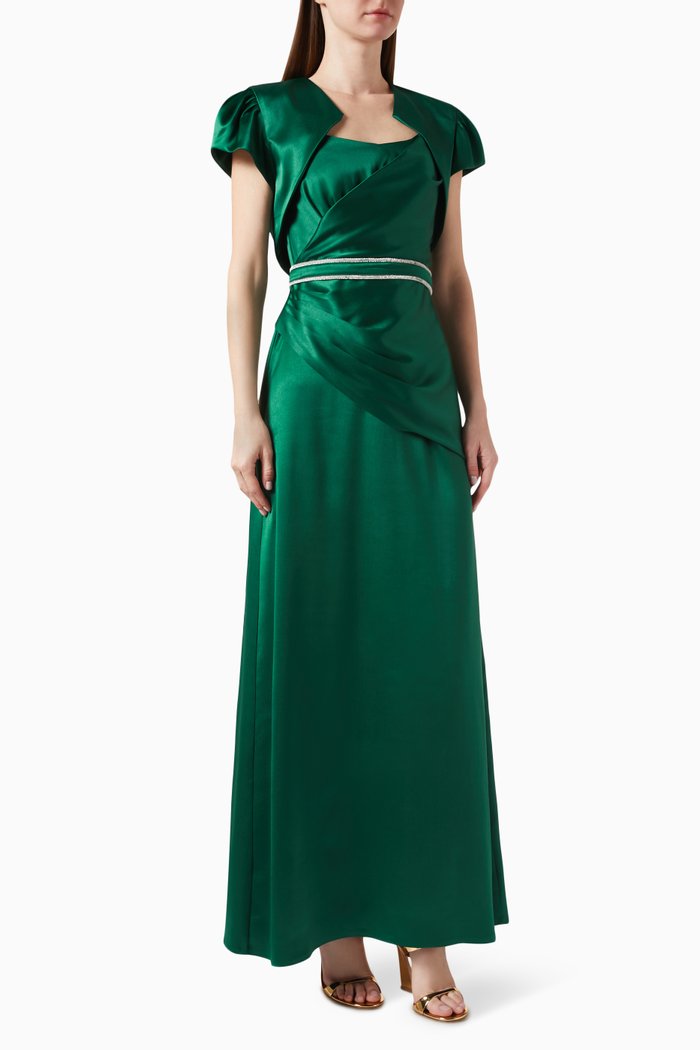 Bolero-effect Maxi Dress in Satin, Green