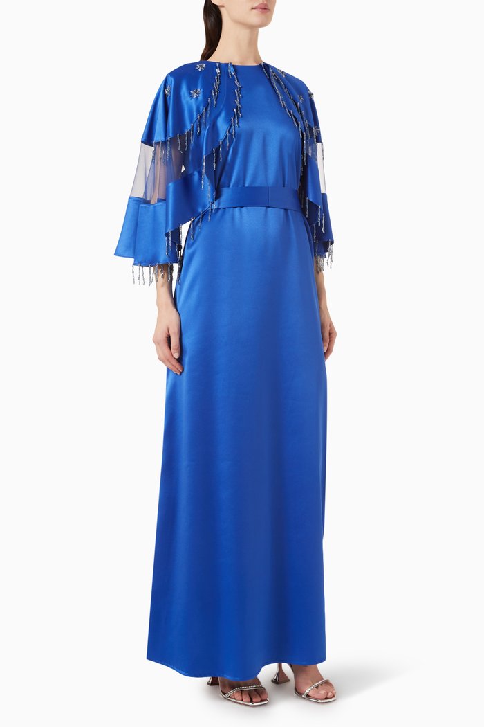 

Beaded Fringe Cape-sleeve Maxi Dress in Satin, Blue