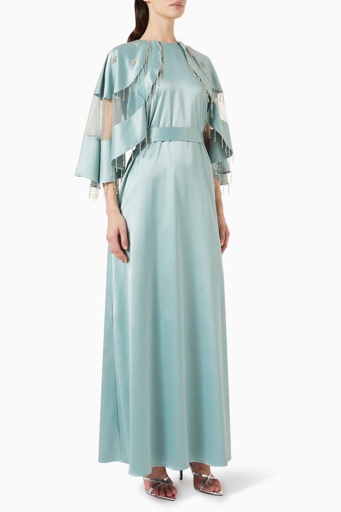 

Beaded Fringe Cape-sleeve Maxi Dress in Satin, Green